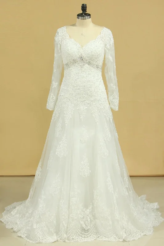 Plus Size V-Neck Long Sleeves Wedding Dresses With Applique Tulle Tunics Office stylish