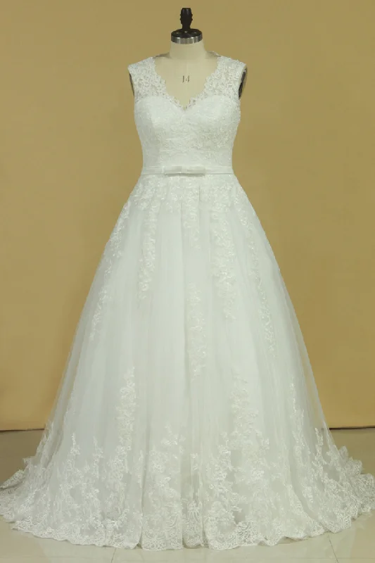 Plus Size V-Neck Wedding Dresses A-Line Court Train Tulle With Applique & Belt Covered Button Tunics Seasonal trendy