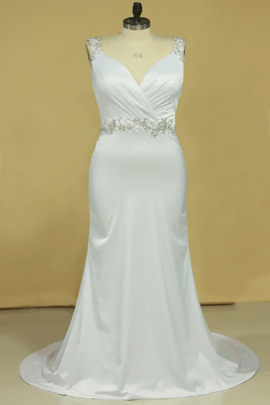 Plus Size Wedding Dresses A Line V Neck Open Back With Beading Stretch Satin Tunics Custom made