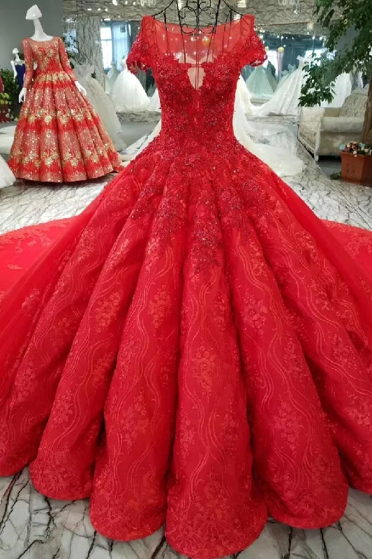 Red Ball Gown Luxury Wedding Dresses Bateau Cap Sleeves Royal Train Lace Tunics Stylish elegant