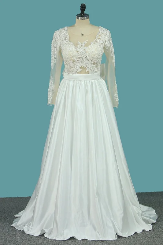 Satin A Line Scoop Long Sleeves Wedding Dresses With Applique And Bow Knot A-Line Day Work