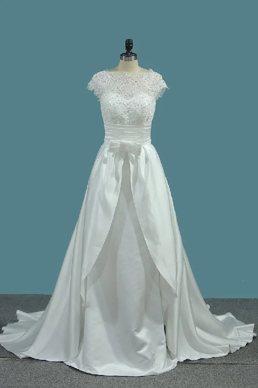 Satin Mermaid Scoop Wedding Dresses With Ruffles Court Train Detachable Tunics Solid Classic