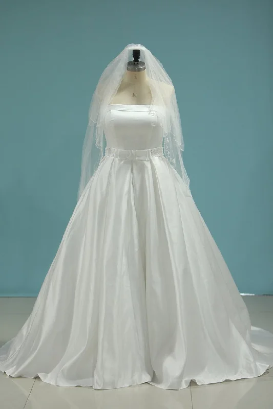 Satin Strapless Beaded Waistline Wedding Dresses A Line Covered Button Tunics Lace romantic