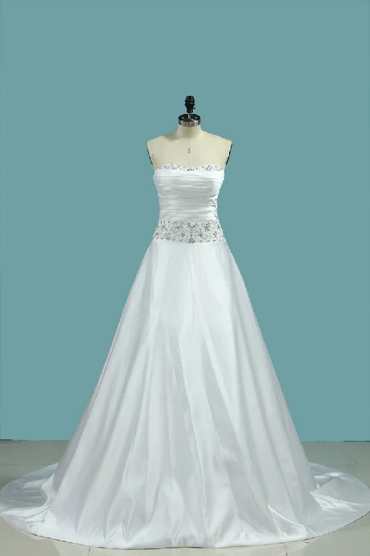 Satin Wedding Dress Strapless A Line With Beads And Ruffles Chapel Train Tunics Mesh breathable