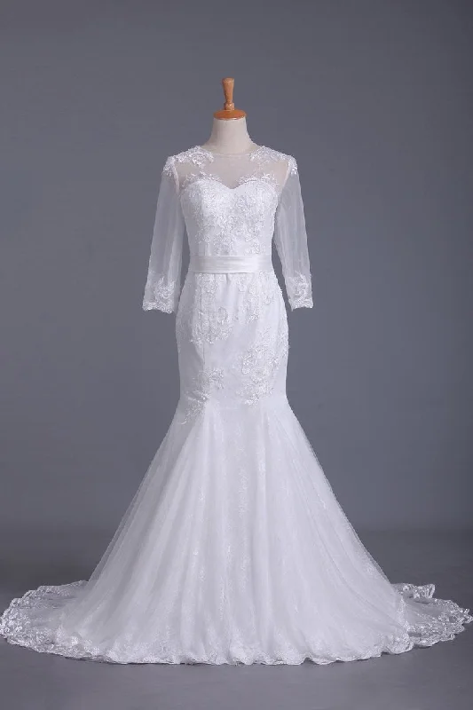 Scoop 3/4 Length Sleeve Mermaid Wedding Dress Tulle With Sash Court Train Tunics Travel practical