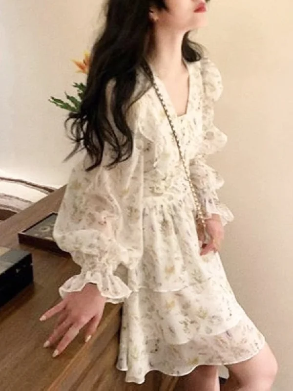 Zjkrl - 2023 Spring Korean Vintage Fairy Floral Dress French Causal Bodycon Elegant Mini Dress Sweet Short Party Dress Chic Beach Style Tunics Chic fashionable