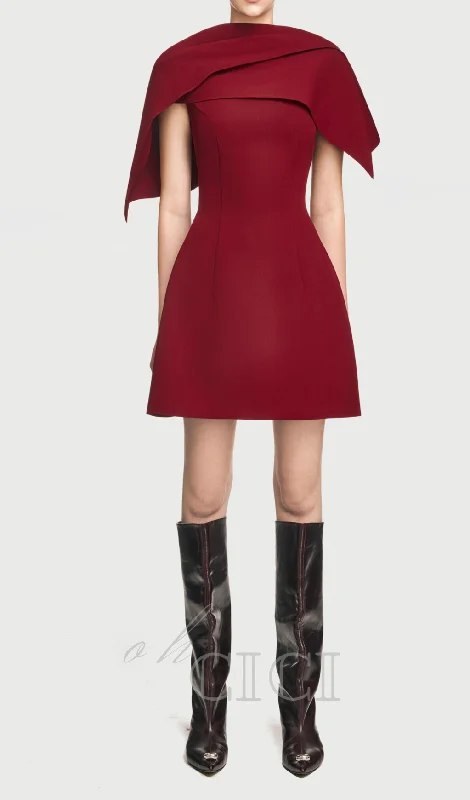 asymmetrical shoulder pleat A-line mini dress in burgundy Tunics New arrival