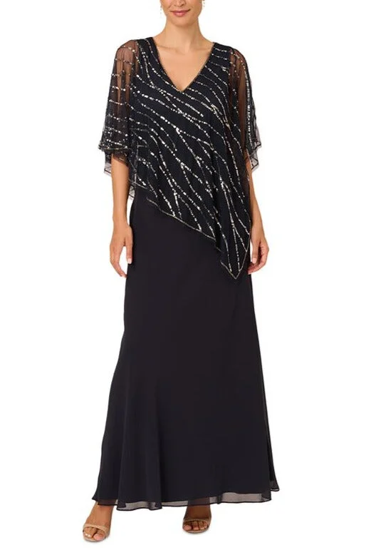 Adrianna Papell Sleeveless V-Neck Beaded Popover Midi Chiffon Dress Tunics Recommended stylist