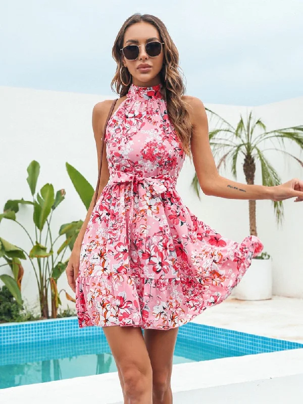 Zjkrl - Allover Floral Belted Ruffle Hem Halter Dress Women Sleeveless Back Collar Button Boho Mini Dress Summer Holiday Chiffon Dress Tunics Long Elegant