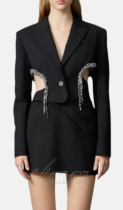 crystal-embellished cut out blazer dress in black Tunics stripes playful