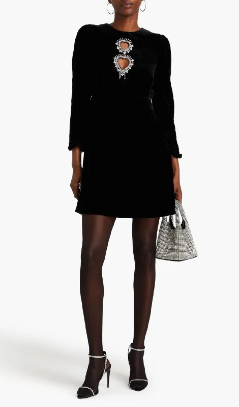 Cutout crystal-embellished velvet mini dress in black Turtleneck Neckline Stylish