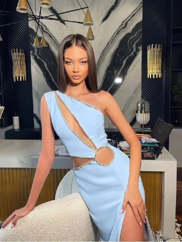 Zjkrl - Diamonds Luxury Elegant One Shoulder Blue Dress Sexy Hollow Out Nightclub Bodycon Bandage Women Mini Dresses Summer Tunics Formal black