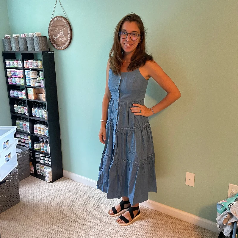 Denim Tier Button-Down Midi Dress Tunic Top Casual