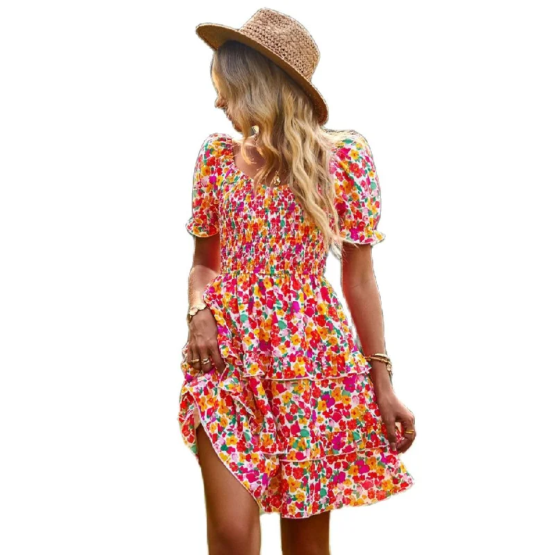 Zjkrl - Fashion Ladies Short Sleeve Casual Beach Dresses For Women 2023 Floral Casual Mini Summer Boho Woman Dress Elegant Clothes Robe sweetheart Neckline Romantic