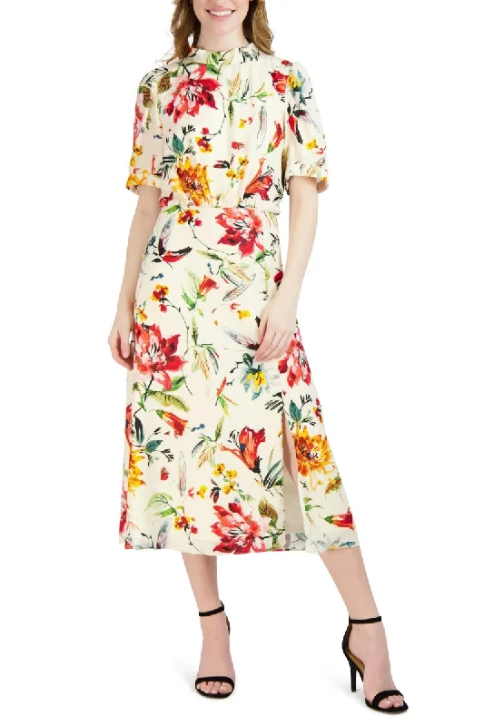 Julia Jordan Floral Mock Neck Linen Dress Tunics Short Trendy