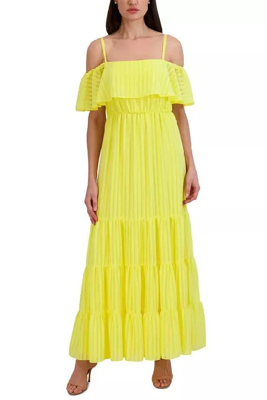 Julia Jordan Off-The-Shoulder Tiered Chiffon Maxi Dress Crew Neckline Casual