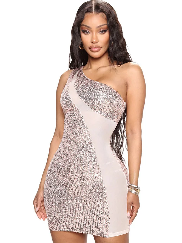 One Shoulder Mesh Patchwork Sequin Mini Dresses Tunics Gym athletic