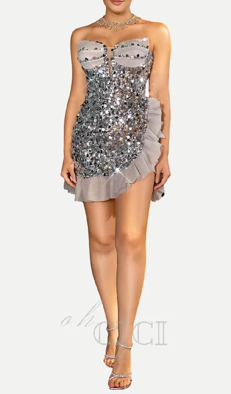 Onuris Ruffle Sequin Mini Dress in grey Tunics Trendy modern