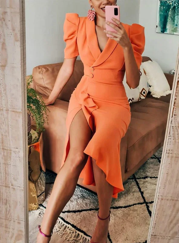 Orange V-Cut Ruffle Hem Slit Wrap Midi Dress Boat Neckline Classic