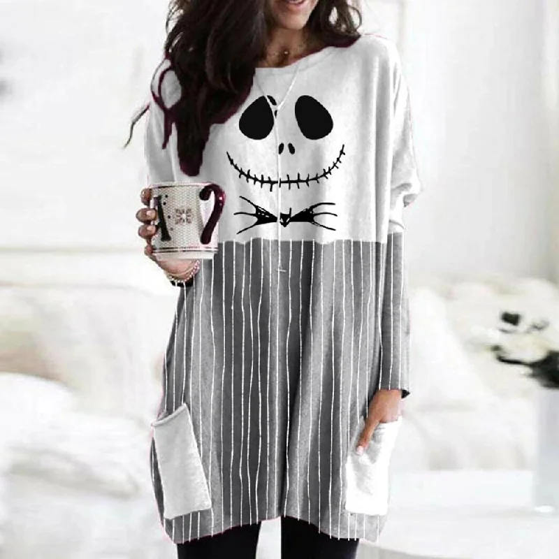 Print Dress Women Halloween Long Sleeve Round Neck Vintage Casual Knit Mini Dress Ladies Pocket Loose Dresses Vestido Pencil Office Professional