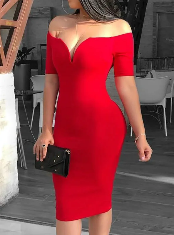 Sexy Deep V-neck Off Shoulder Bodycon Dress Tunics Versatile stylish