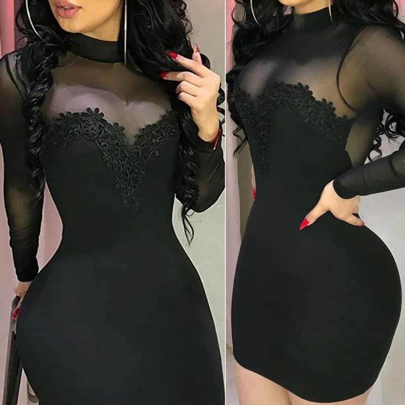 Sexy Women Bandage Bodycon Mini Dresses Transparent Strapless Party Female Elegant Mini Dress Chiffon Female Black Vestidos Boat Neckline Classic