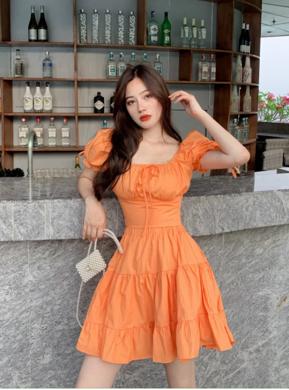 Solid Frill Hem Sashes Knotted Backless Sweet Young Style Woman Dress Tunics Timeless classic