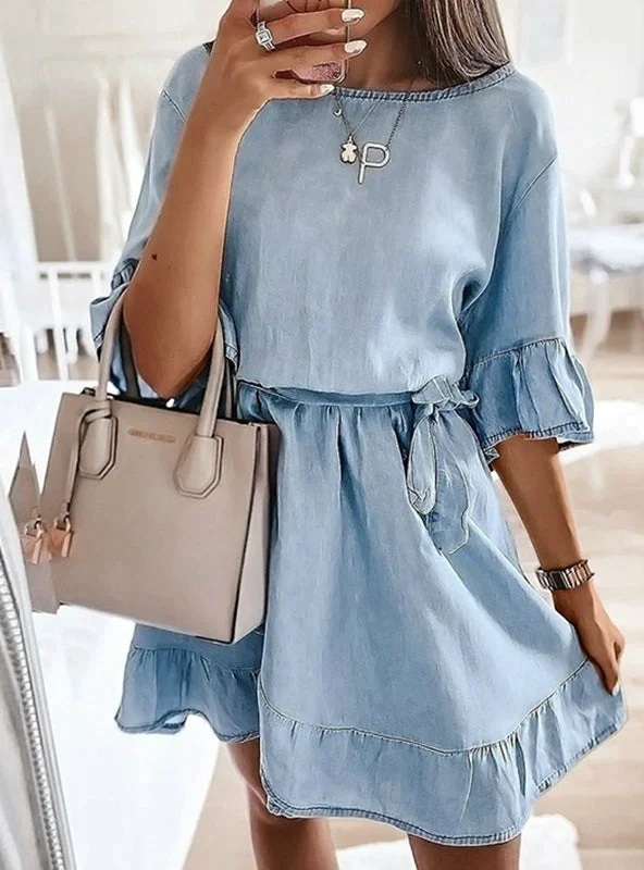 Solid Ruffles Sashes Casual Elegant Sweet Woman Dress Tunics Trousers formal