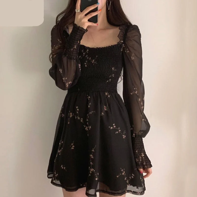 Spring Womens Sexy Black Dress Vintage Flower Long Puff Sleeve Chiffon Dresses Korean Casual Mini Vestidos Mujer Clothes Tunics Polka dots