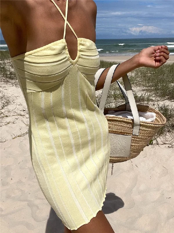 Strapless Knit Mini Dresses Women Off-Shoulder Stripe Knitting Bodycon Dress Summer Beach Party Halter Club Streetwear Halter Neckline Beach