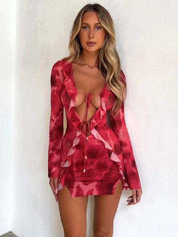 Summer Print Mini Dress Sexy Mesh See Though Ruffle Bodycon Dress Fashion Bandage Long Sleeve Club Party Beach Outfits 2023 Tunics Party sparkling