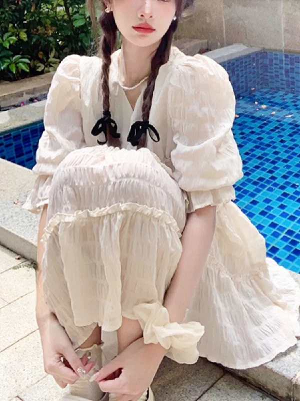 V-Neck Casual Solid Kawaii Lolita Dress Party Women One Piece Dress Korean French Style Elegant Y2k Mini Dress Beach Summer 2023 Tunics Leisure comfortable