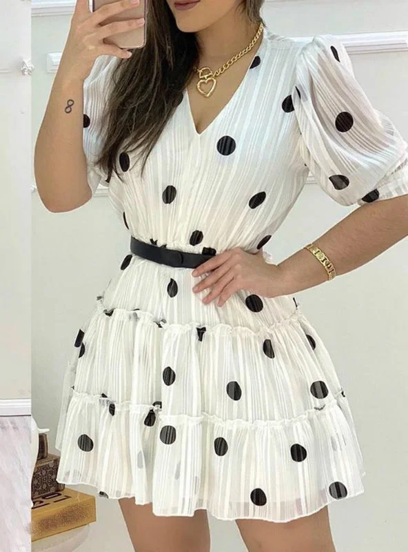 White Polka Dots Mesh Puff Sleeve Ruffles Casual Dress Halter Neckline Beach