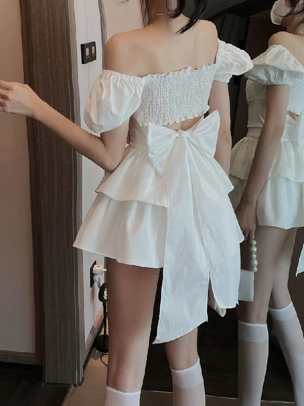 White Sexy Backless Mini Dress Women Korean Fashion Casual Elegant Party Dress Female Ruffle Kawaii Lolita Party Y2k Dress Tunics Versatile stylish