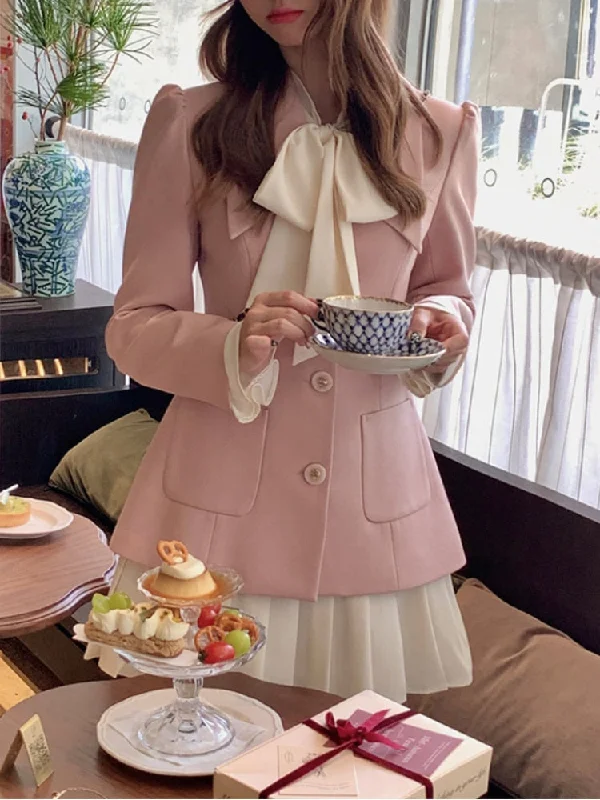 Winter Elegant Two Piece Set Women Korean Fashion Bow Sweet Party Dress Set Female Long Sleeve France Chic Mini Dress Suit Tunics Winter warm