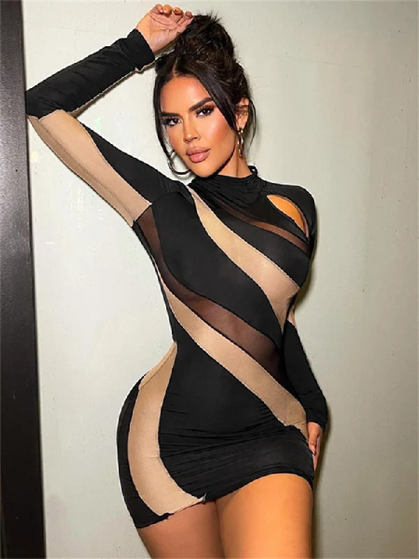 Mesh Patchwork Sexy Y2K Clothes Long Sleeve O-Neck Bodycon Mini Dresses Women 2023 Club Birthday Party Elegant Outfits Tunics Office stylish