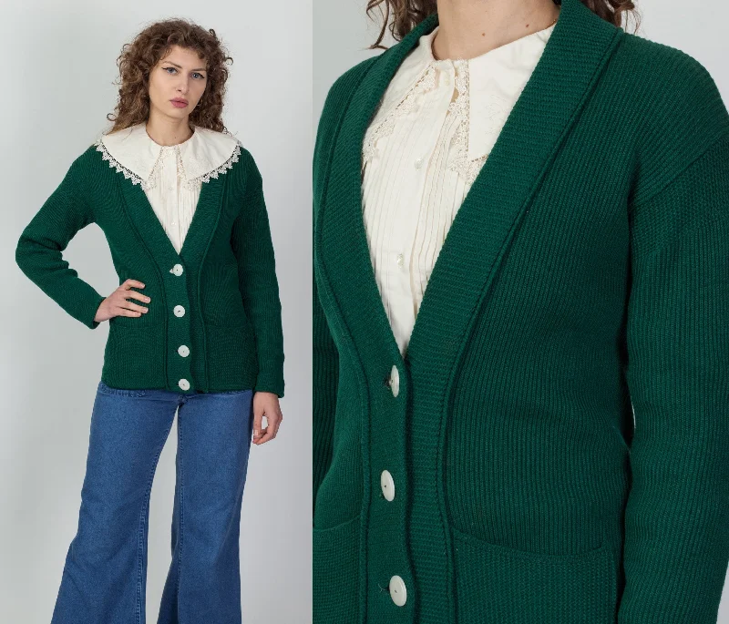 50s 60s Emerald Green Wool Knit Cardigan - Medium Boat Neck Shawl Collar Notched Collar