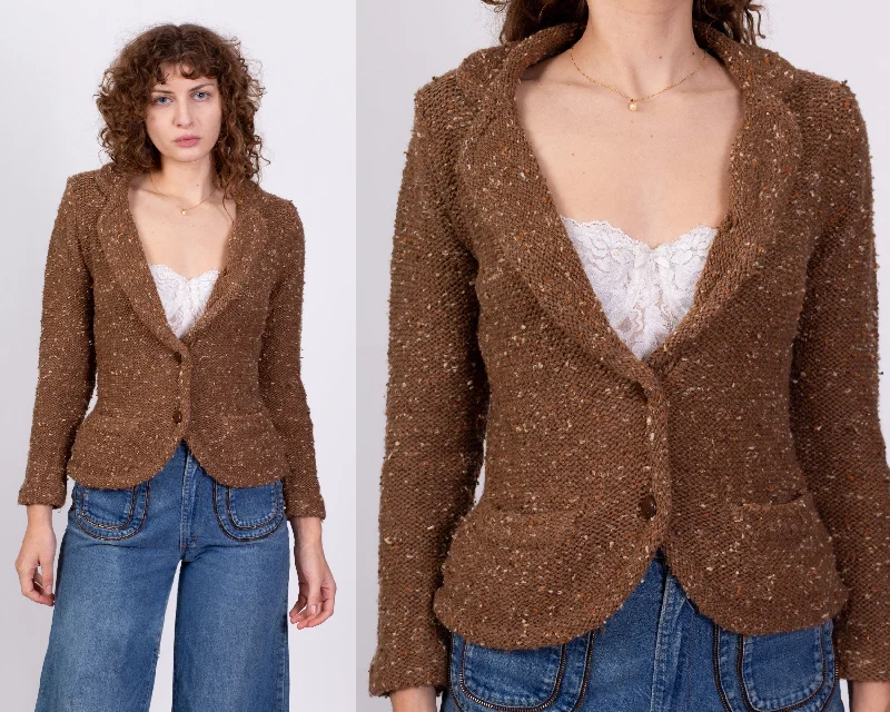 70s 80s Brown Confetti Knit Cardigan - Small Collared Crew Neck Turtle Neck