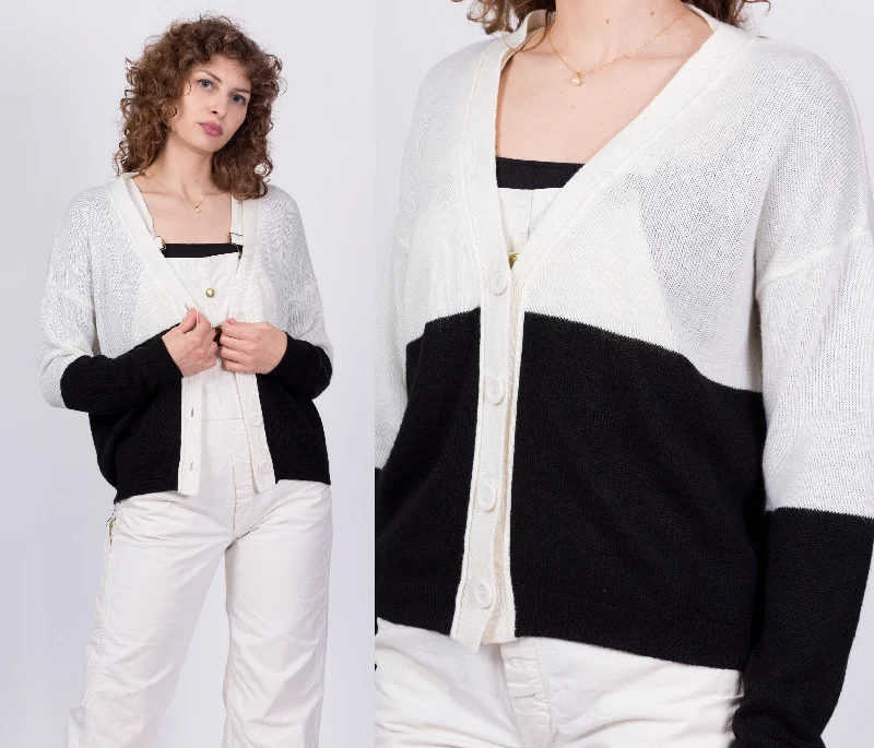 80s Black & White Color Block Cardigan - Medium Print Jacquard Patchwork