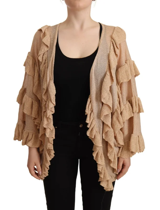 Aniye By Chic Beige Long Sleeve Open Front Cardigan Mesh Blend Leather Blend Suede Blend