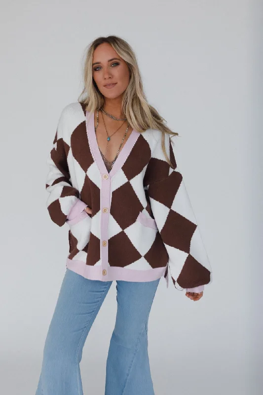 Ayla Argyle Cardigan - Brown Casual Formal Business