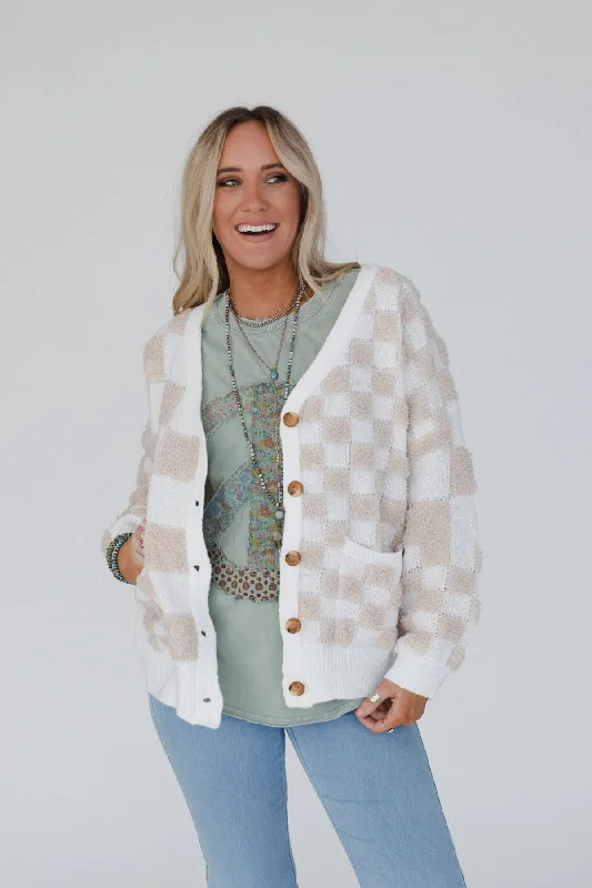 Checkmate Cardigan - Taupe Multi Chenille Brocade Lace