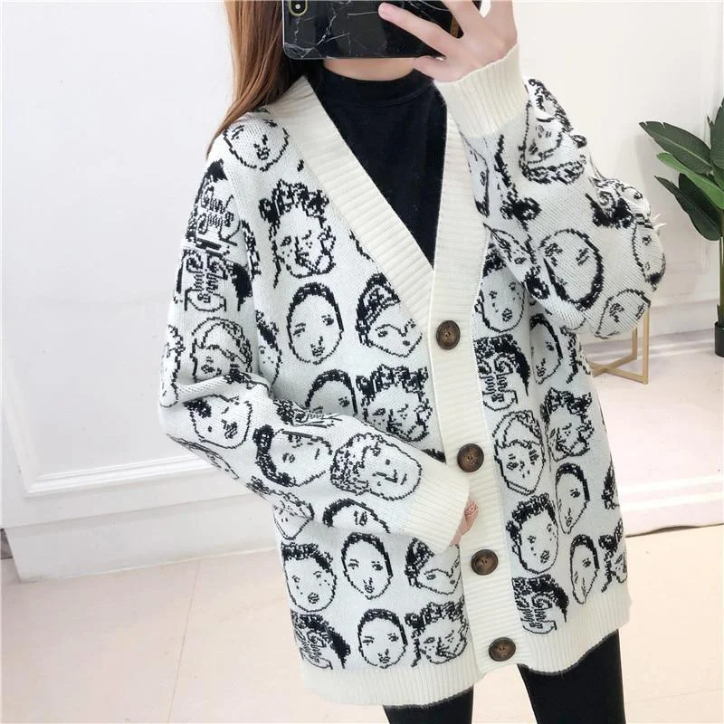 Comic V-Neck Cardigan Sweater For Women Slim Fit Regular Fit Oversized