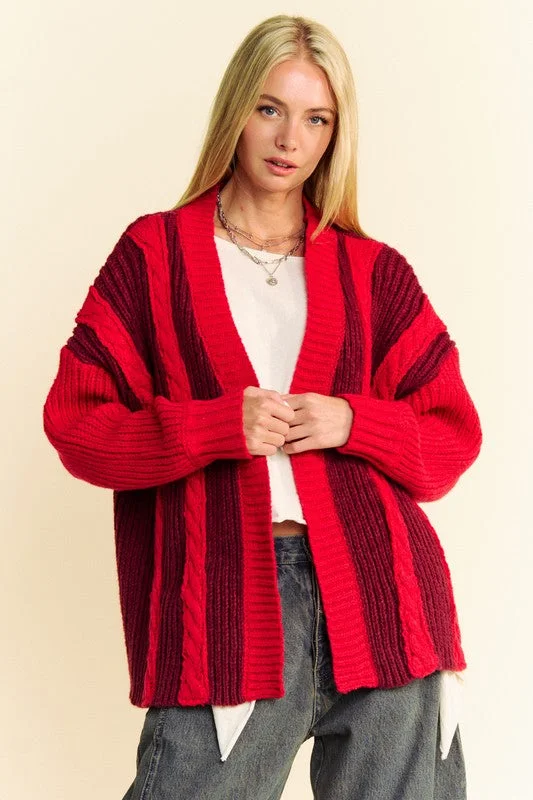 Davi & Dani Cable-Knit Color Block Open Front Cardigan Thin Thick Dense