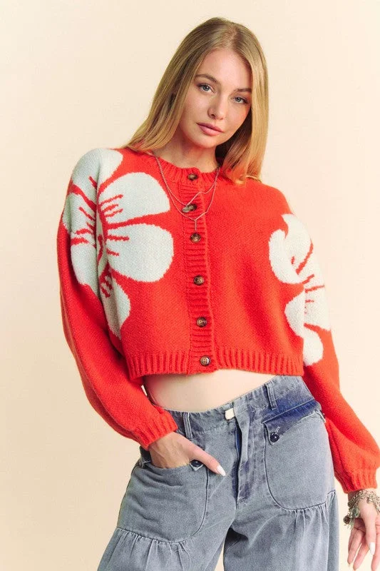 Davi & Dani Flower Contrast Round Neck Long Sleeve Cardigan Handmade Hand-knitted Hand-woven