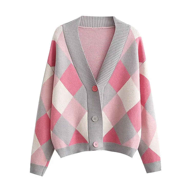 Diamond check V-neck button loose casual knitted cardigan sweater  7360 Real Fur Shearling Chenille