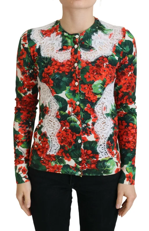 Dolce & Gabbana Elegant Floral Crewneck Cardigan Front Pockets Side Pockets Patch Pockets