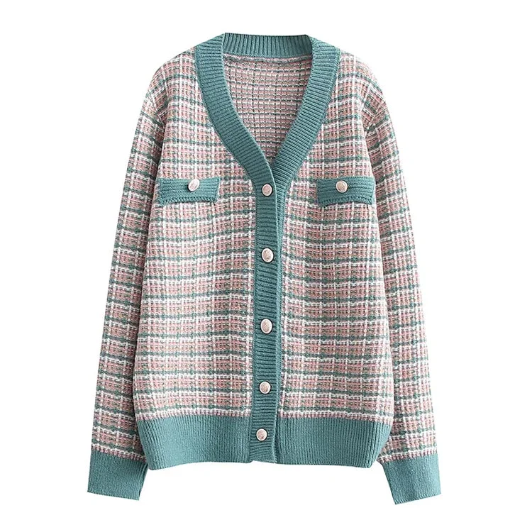 French xiaoxiangfeng knitted cardigan V-neck Plaid loose coat sweater top  7361 Plaid Cardigan Polka Dot Checkered