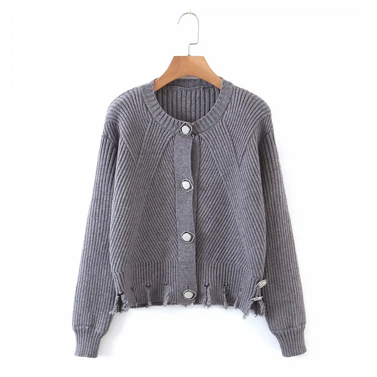 Irregular button round neck long sleeve knitted cardigan sweater  7358 Stretchy Elastic Breathable