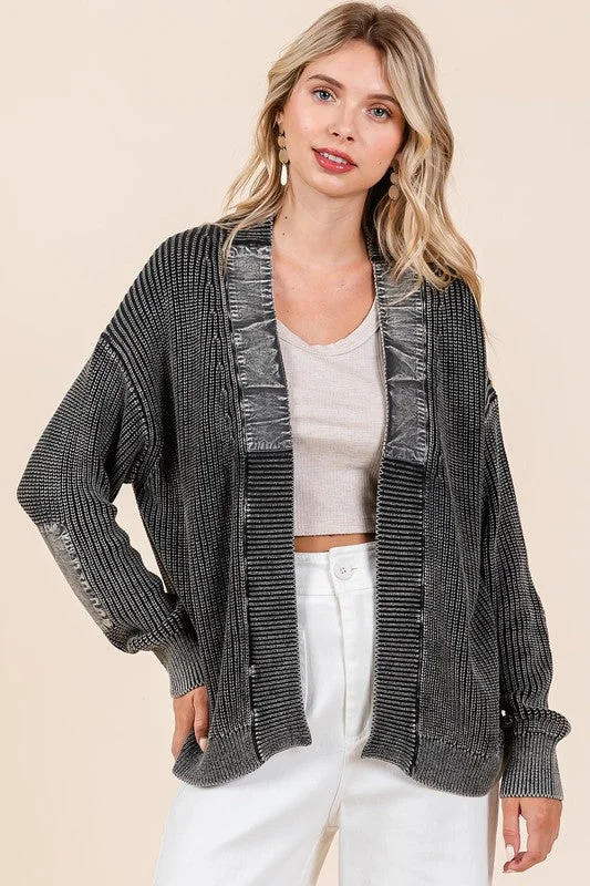 Mittoshop Contrast Patch Open Front Mineral Wash Cardigan Mesh Cardigan Canvas Denim